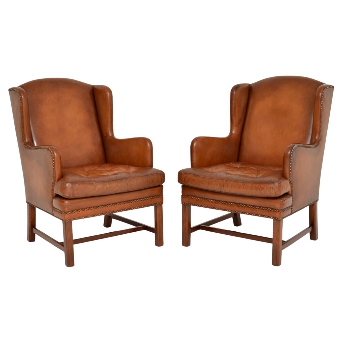 Pair of Antique Swedish Leather Wing Back Armchairs