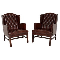 Pair of Antique Swedish Leather Wing Back Armchairs