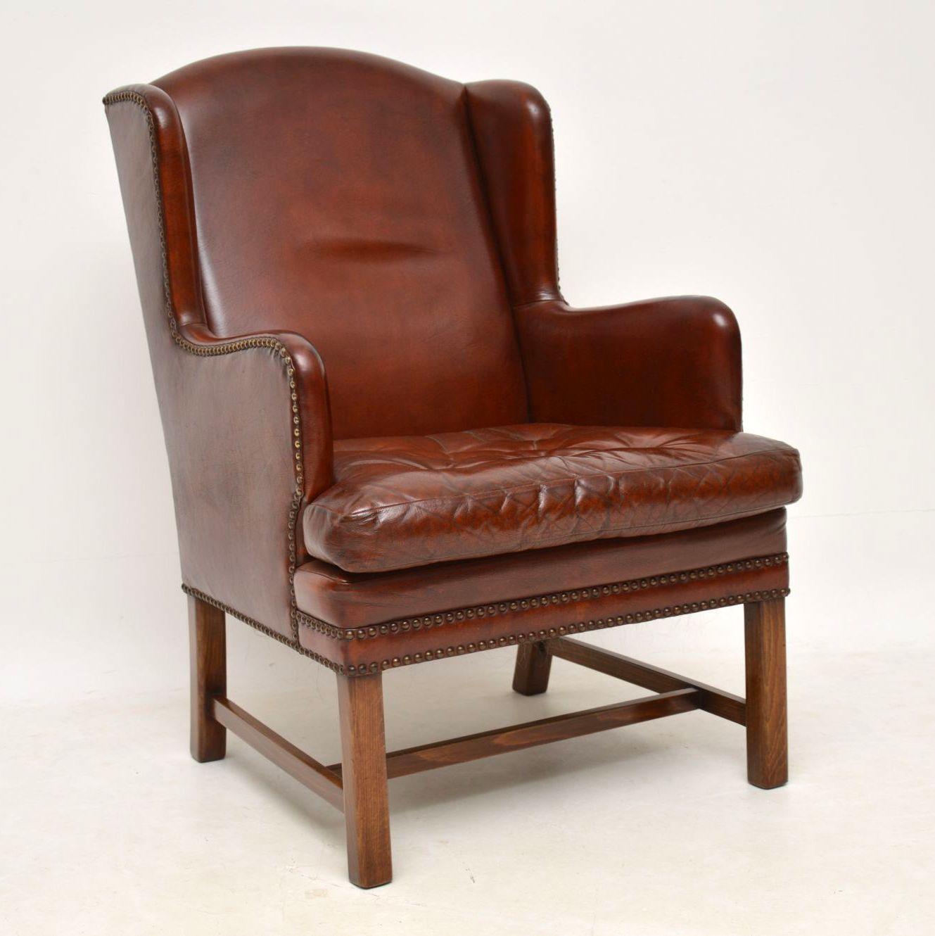Late 19th Century Pair of Antique Swedish Leather Wingback Armchairs
