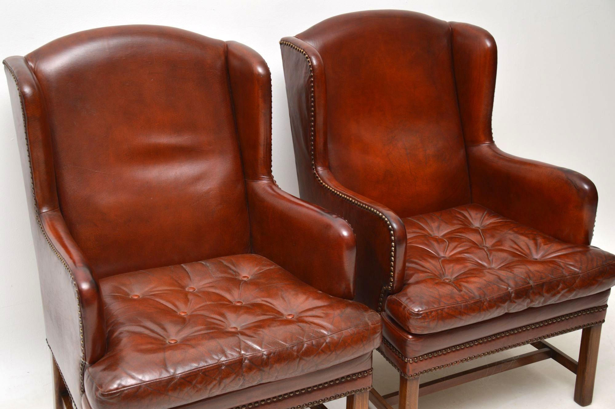 Pair of Antique Swedish Leather Wingback Armchairs 1