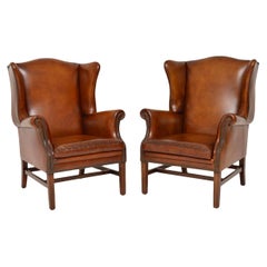 Pair of Antique Swedish Leather Wingback Armchairs