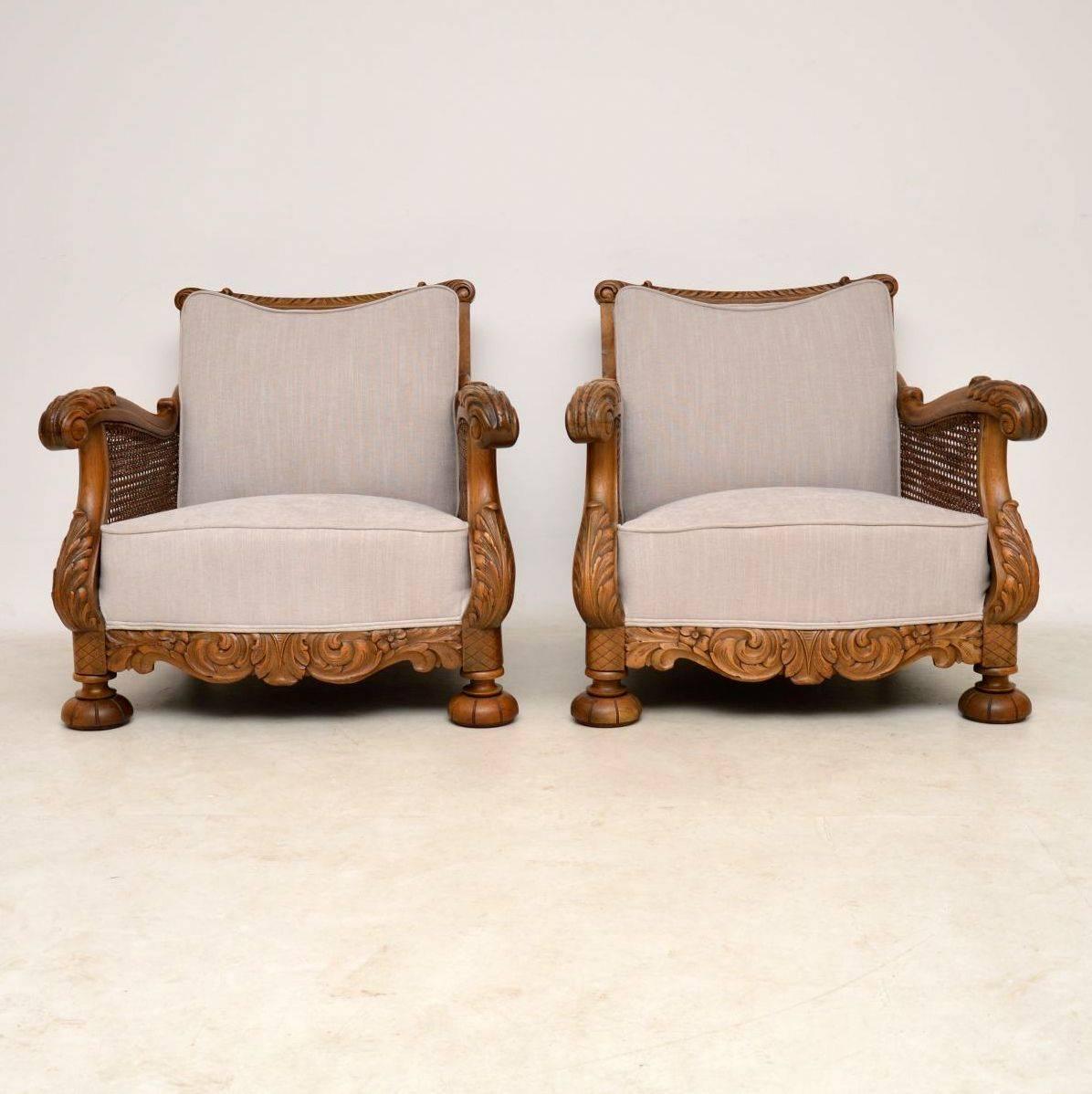 Late Victorian Pair of Antique Swedish Oak Bergère Armchairs