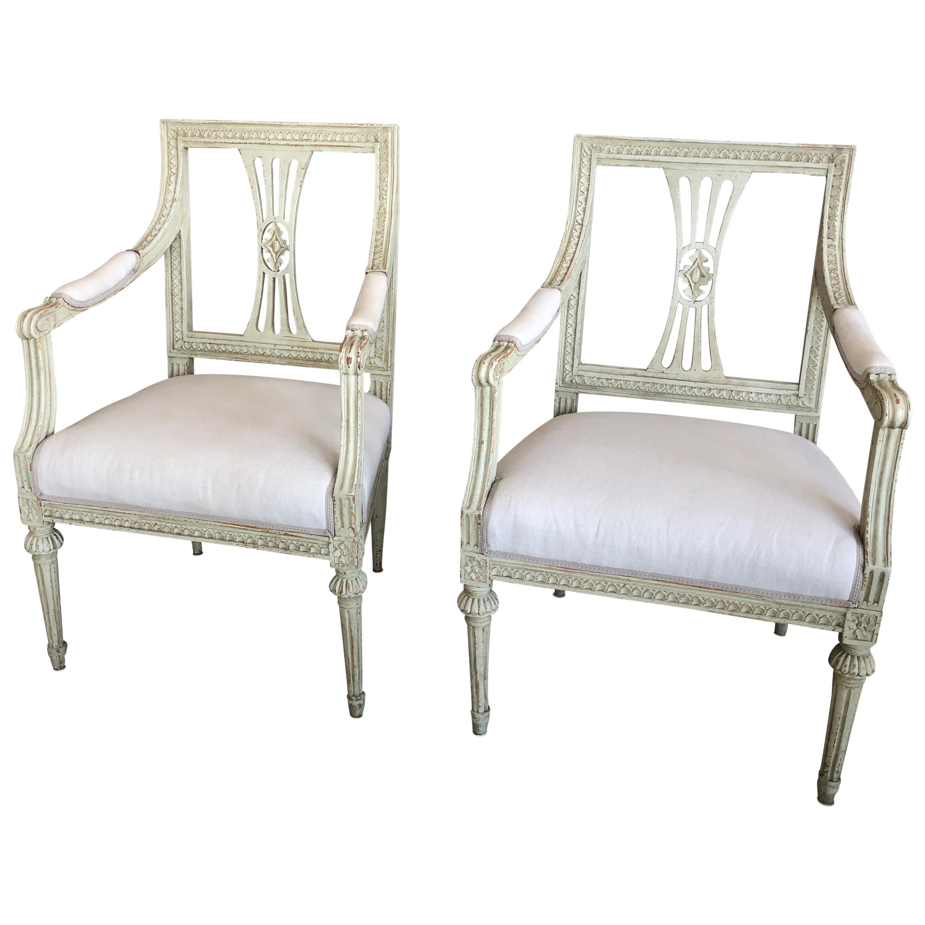 Pair of Antique Swedish Painted Gustavian Armchairs, circa 1810-1820 For Sale