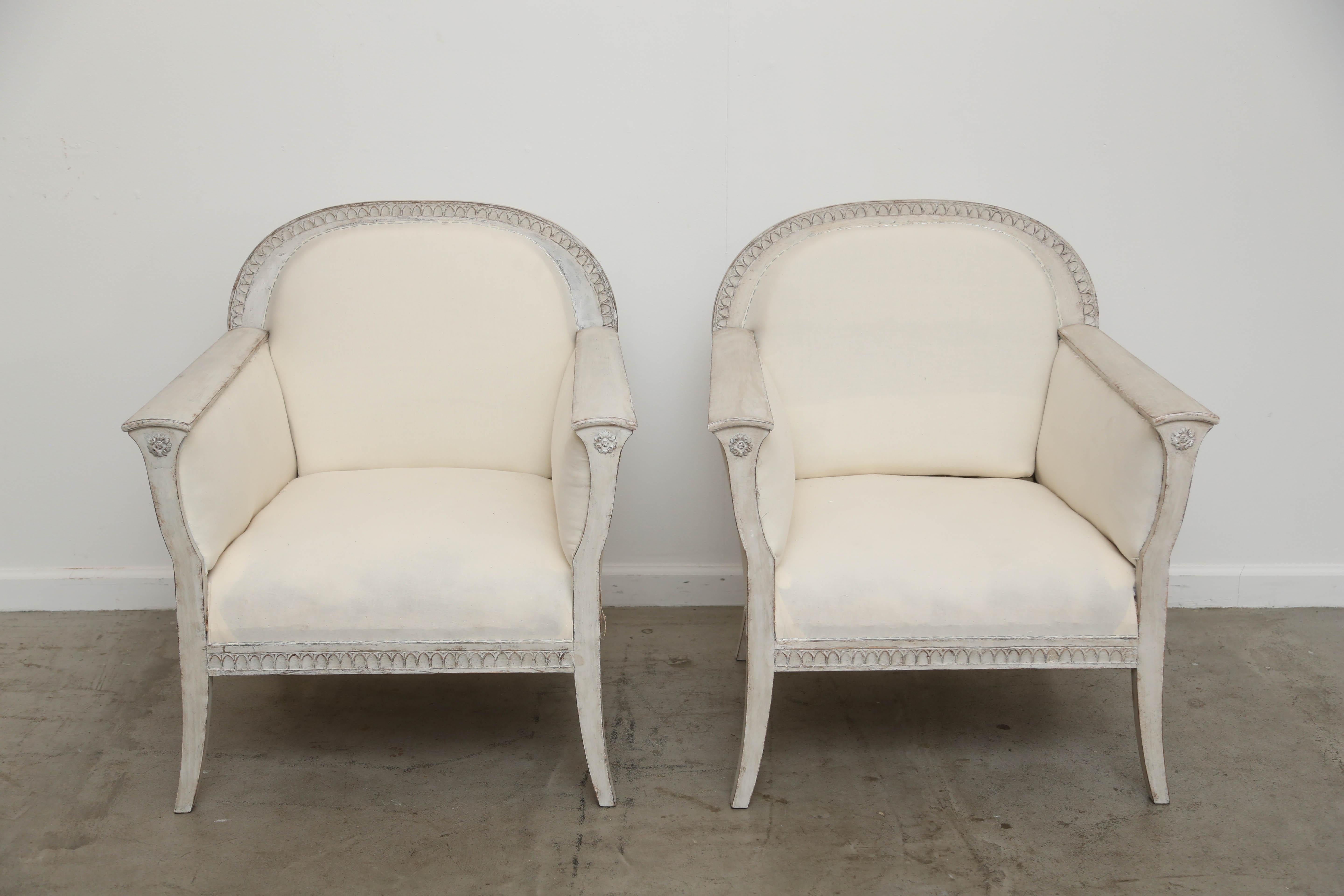 Pair of Antique Swedish Painted Wood Frame Bergère Armchairs, Late 19th Century In Good Condition In West Palm Beach, FL