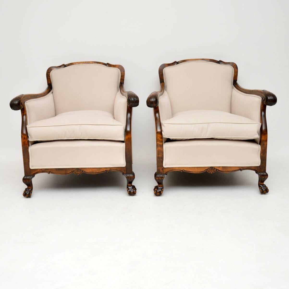 This pair of antique Swedish satin birch armchairs are really comfortable & have a lovely shape. They are solid satin birch throughout & have just been fully upholstered in a neutral colored fabric, with double piping on the edges & brand new