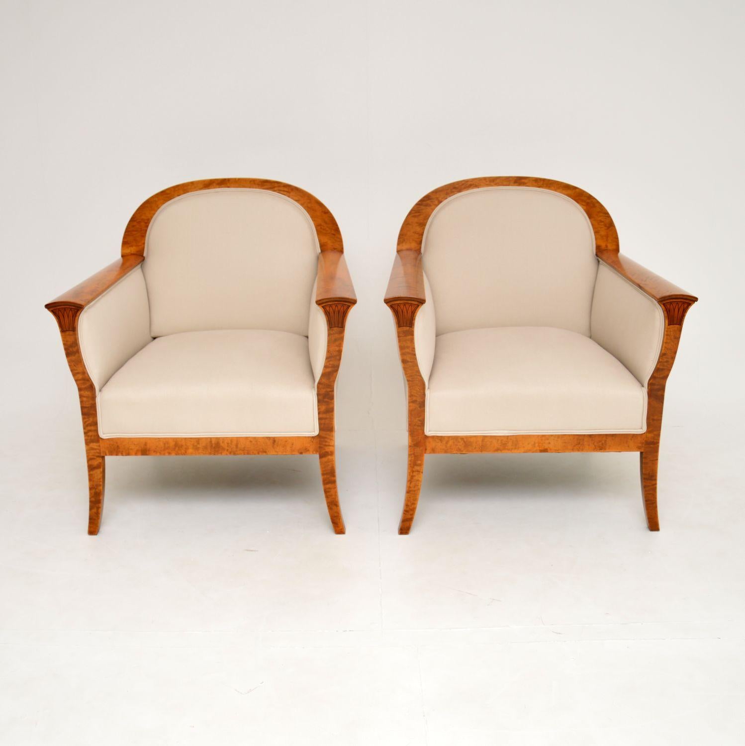 An absolutely stunning & stylish pair of antique Swedish armchairs in satin birch. They were recently imported from Sweden, they date from around the 1900-1920 period.

They are of amazing quality, are very well built and very comfortable. The