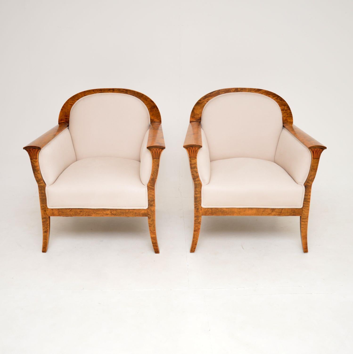 An absolutely stunning pair of antique Swedish armchairs in satin birch. They were recently imported from Sweden, they date from around the 1900-1920 period.

They are of amazing quality and are extremely stylish; they are very well built and very