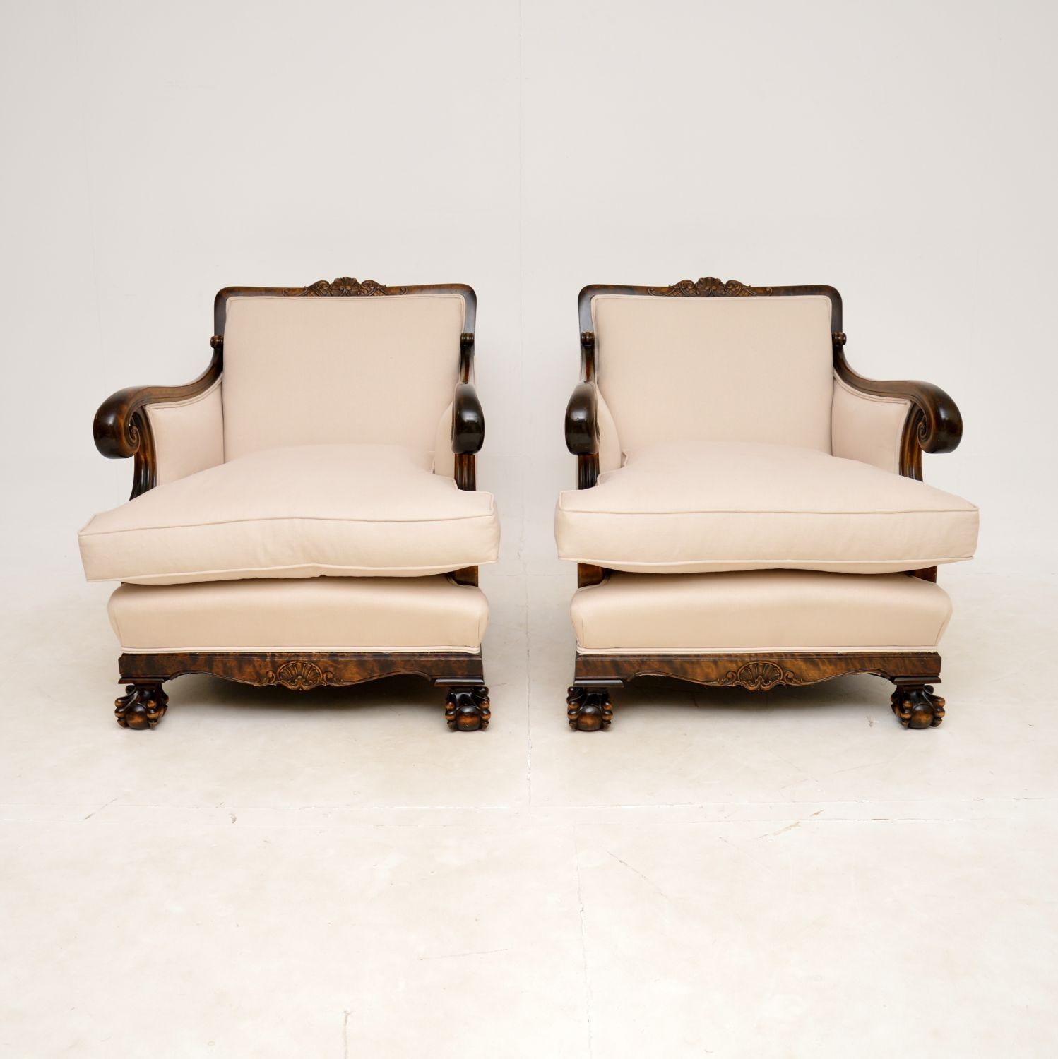 A beautiful and impressive pair of antique Swedish armchairs in satin birch. They were recently imported from Sweden, they date from around the 1900-1910 perod.

The quality is outstanding, they are very well built, generous in proportions and are