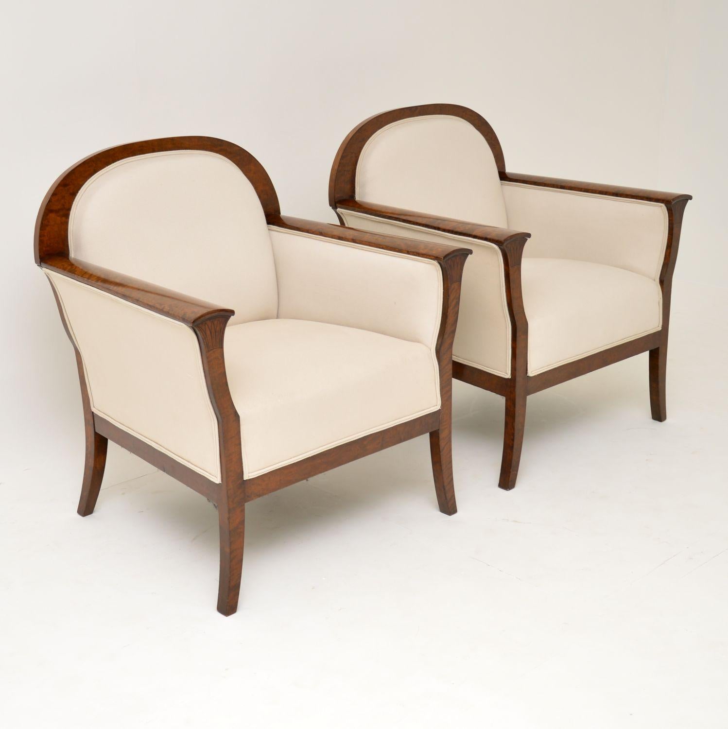 Edwardian Pair of Antique Swedish Satin Birch Armchairs