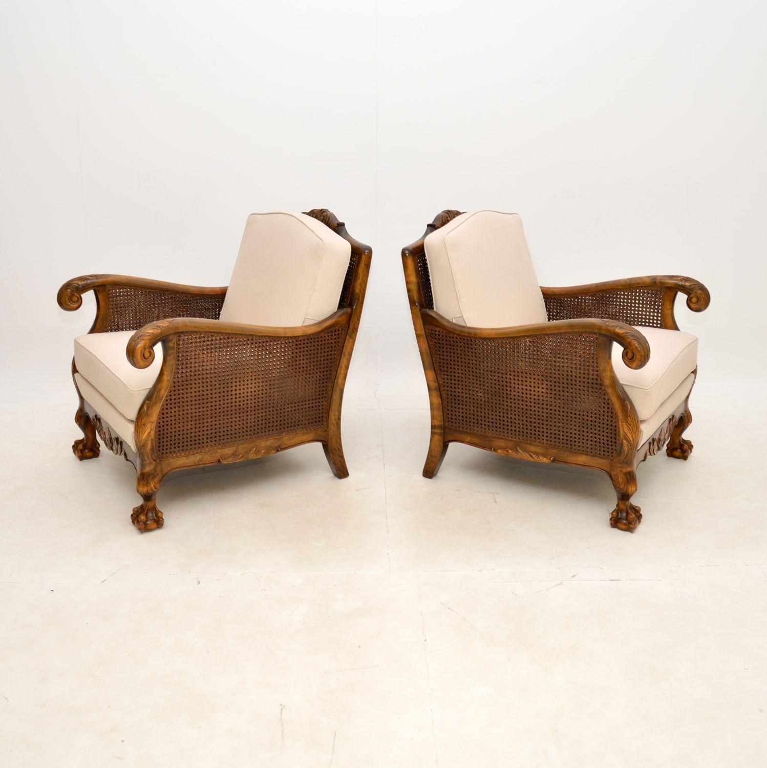 Chippendale Pair of Antique Swedish Satin Birch Bergere Armchairs