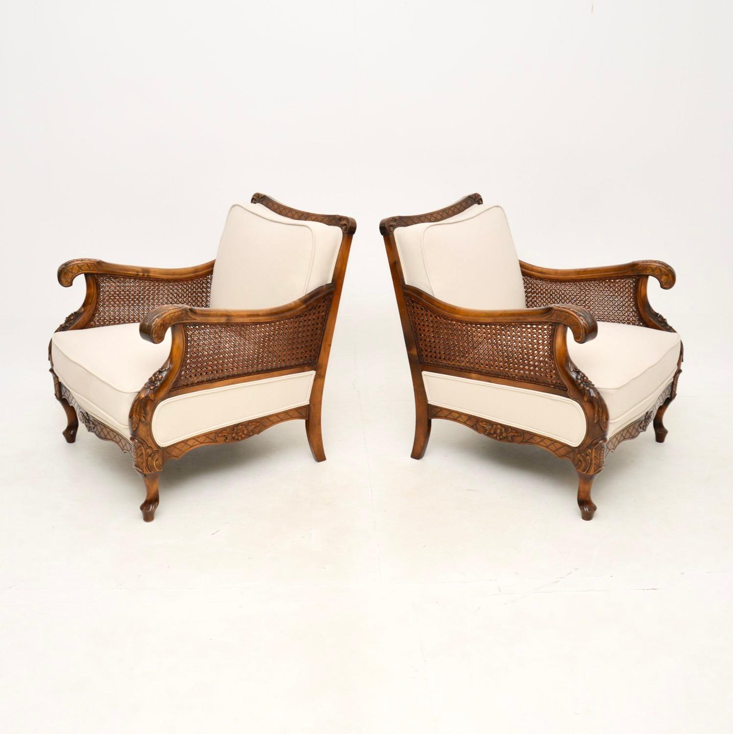 Late Victorian Pair of Antique Swedish Satin Birch Bergere Armchairs