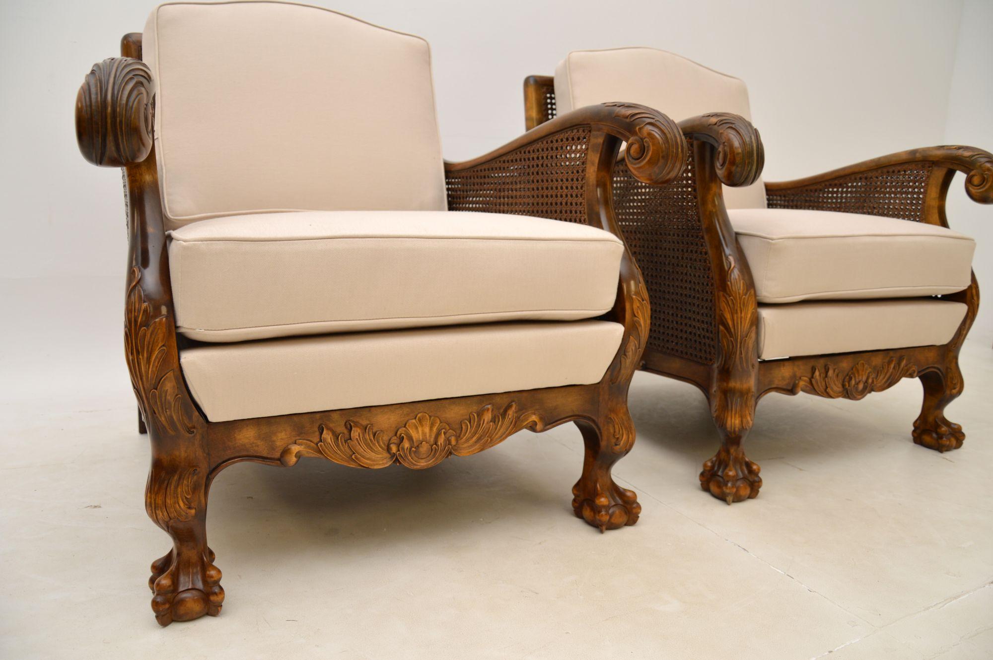 Early 20th Century Pair of Antique Swedish Satin Birch Bergere Armchairs