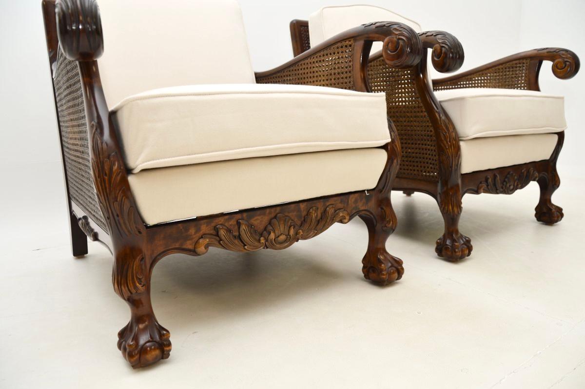 Fabric Pair of Antique Swedish Satin Birch Bergère Armchairs For Sale