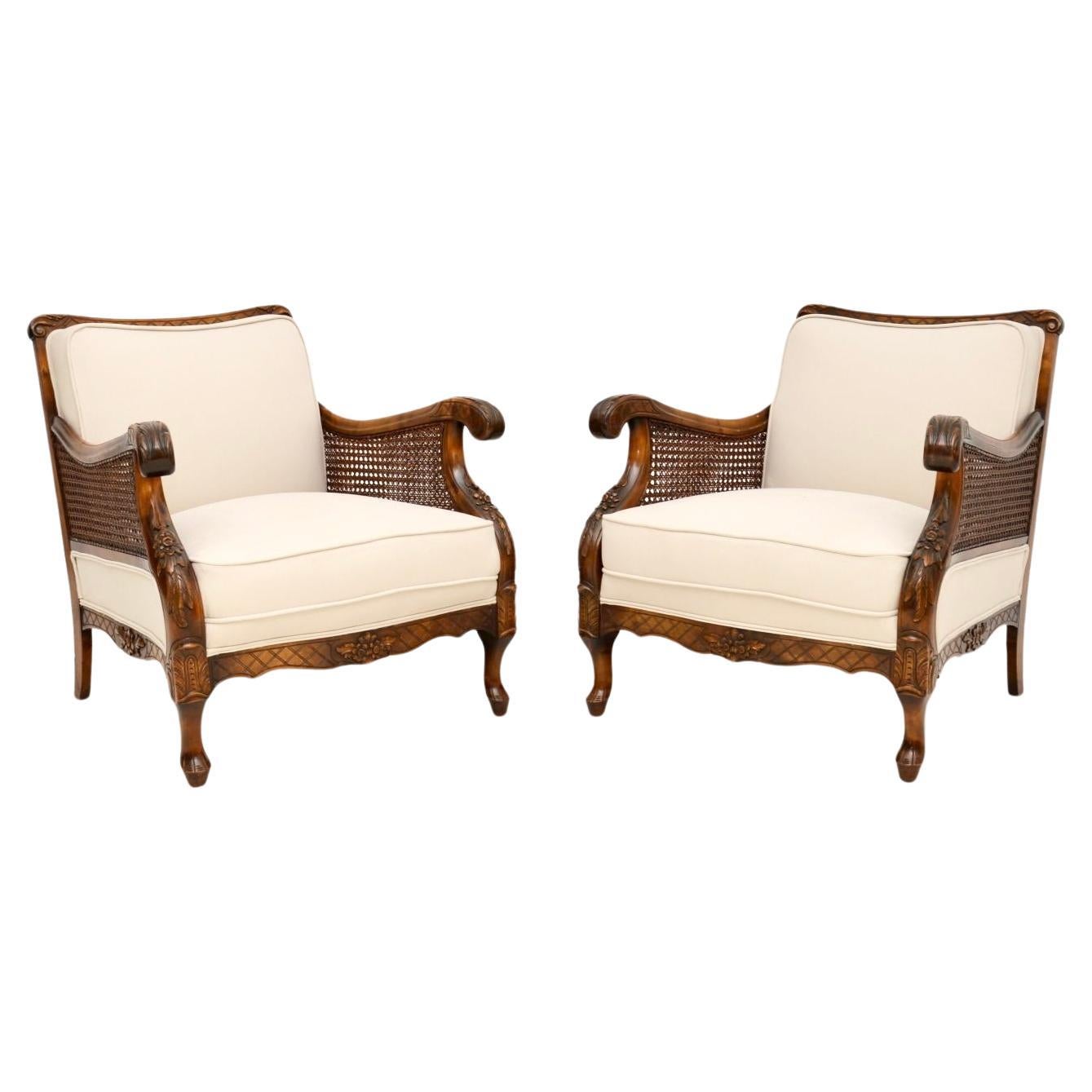 Pair of Antique Swedish Satin Birch Bergere Armchairs