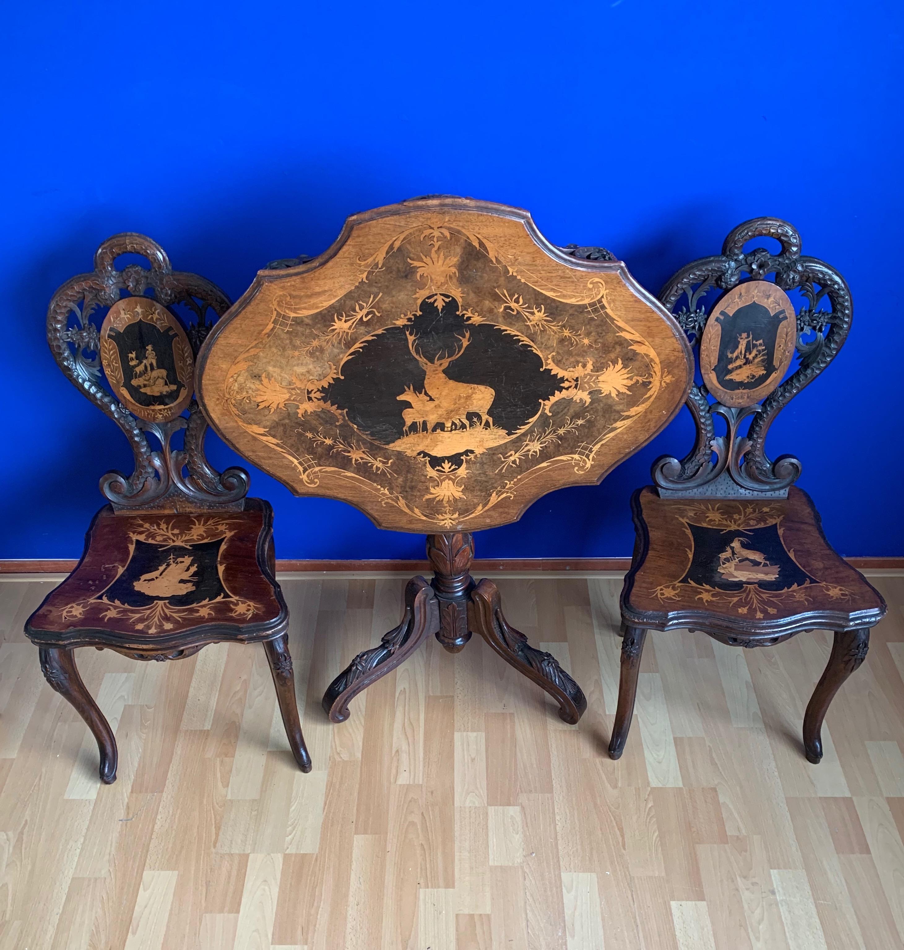 Pair of Antique Swiss Black Forest Chairs w. Matching Tilt-Top Table, Late 1800s For Sale 1