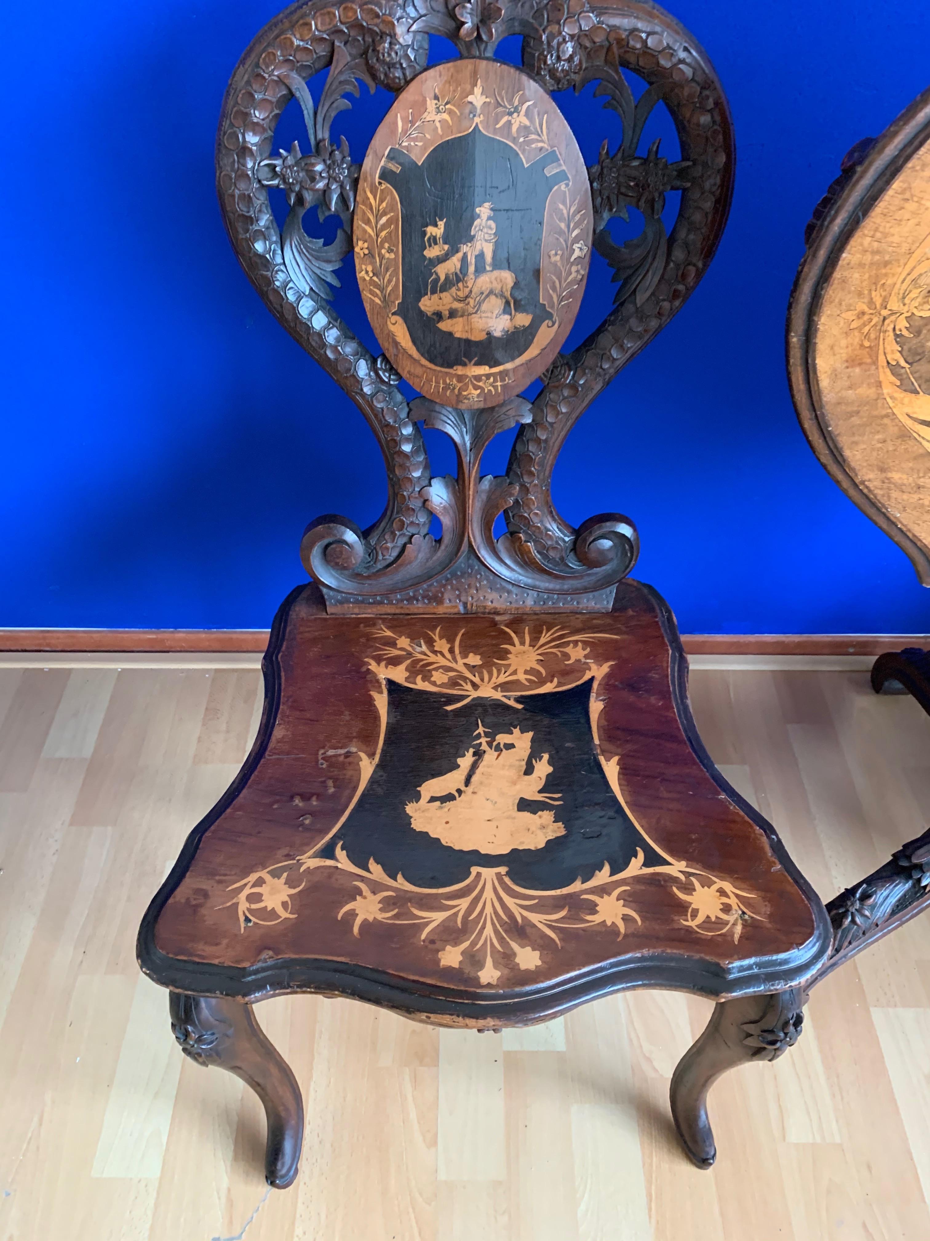 Pair of Antique Swiss Black Forest Chairs w. Matching Tilt-Top Table, Late 1800s For Sale 3