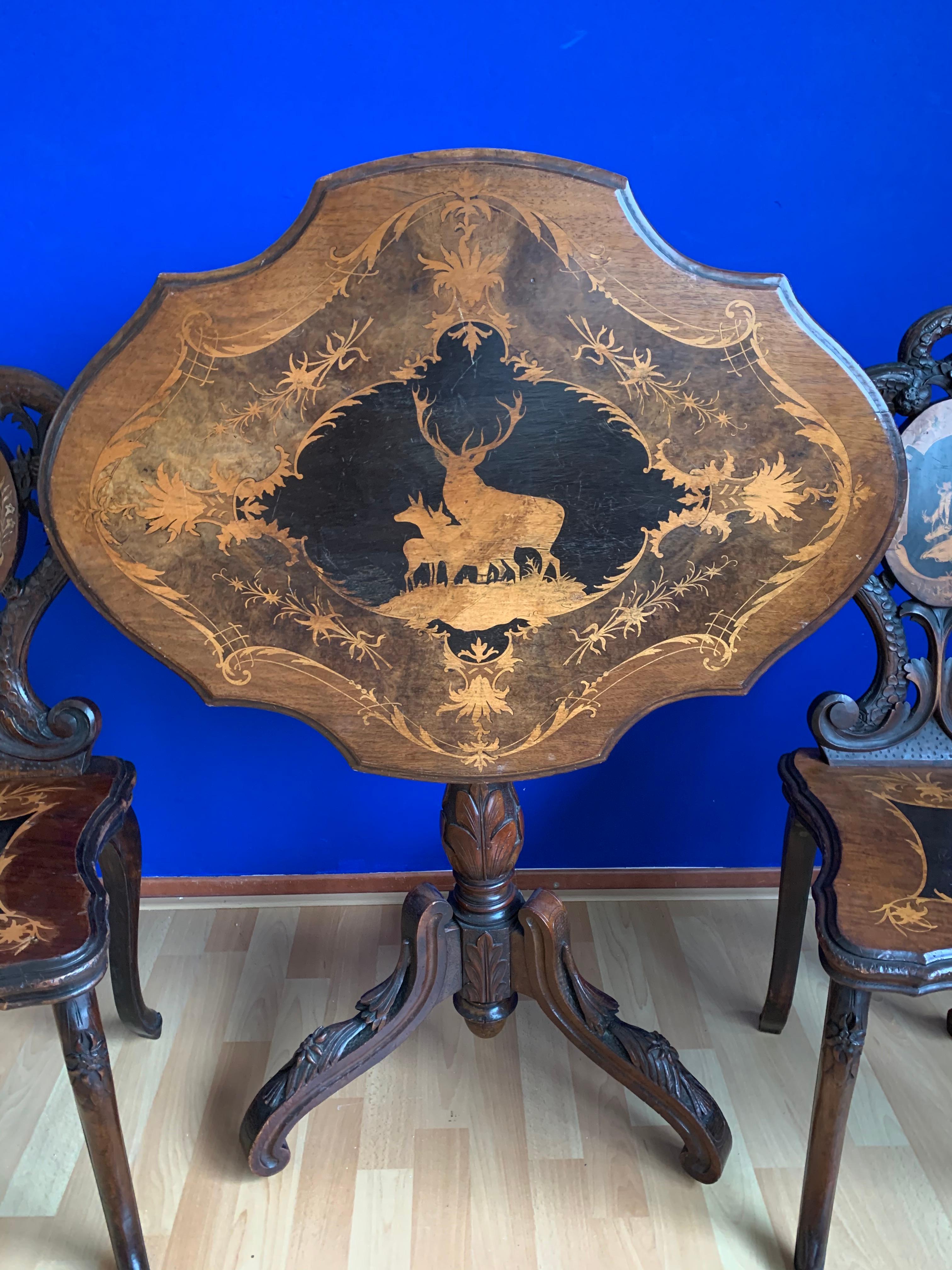 Pair of Antique Swiss Black Forest Chairs w. Matching Tilt-Top Table, Late 1800s For Sale 7