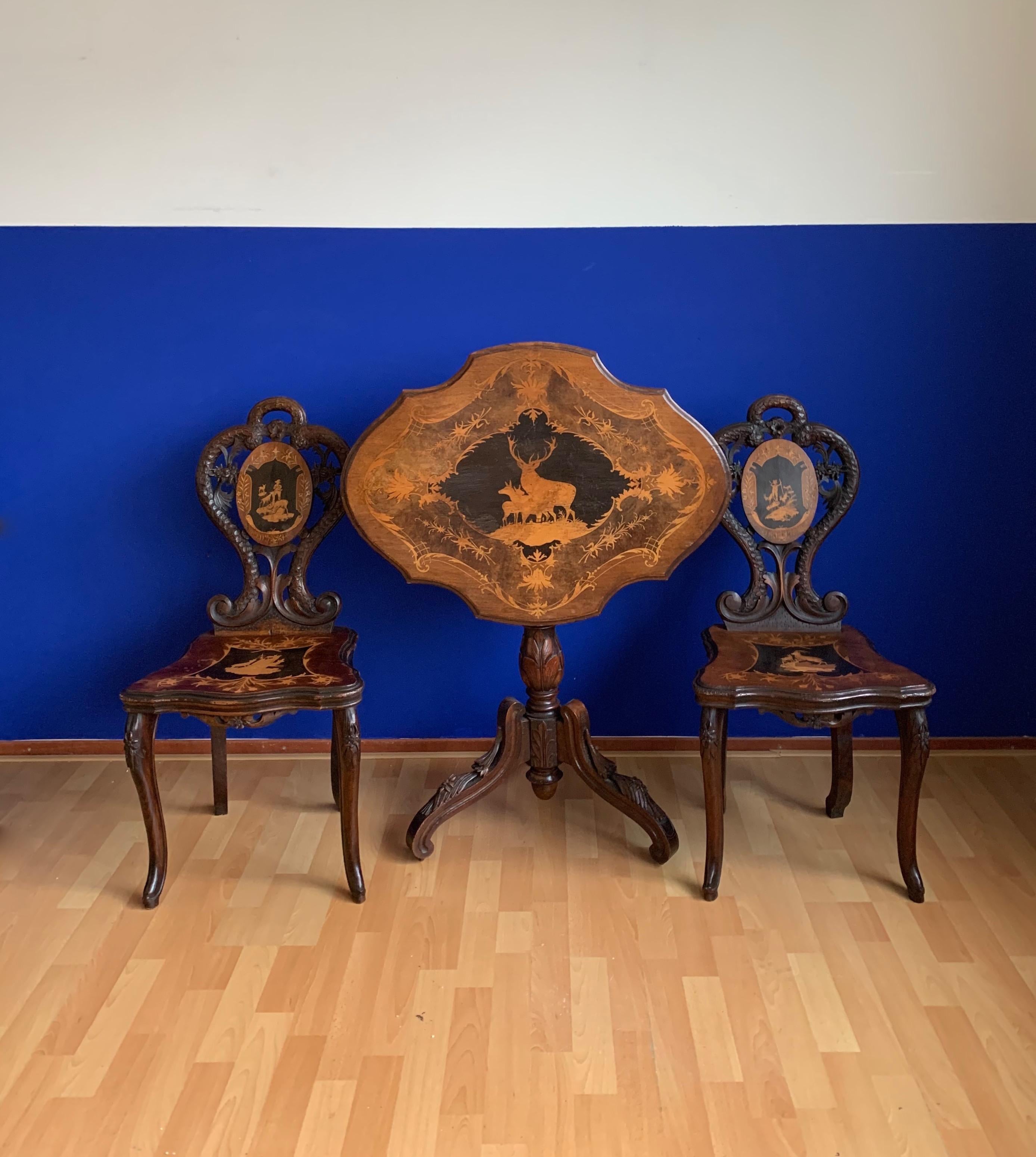 Pair of Antique Swiss Black Forest Chairs w. Matching Tilt-Top Table, Late 1800s For Sale 10