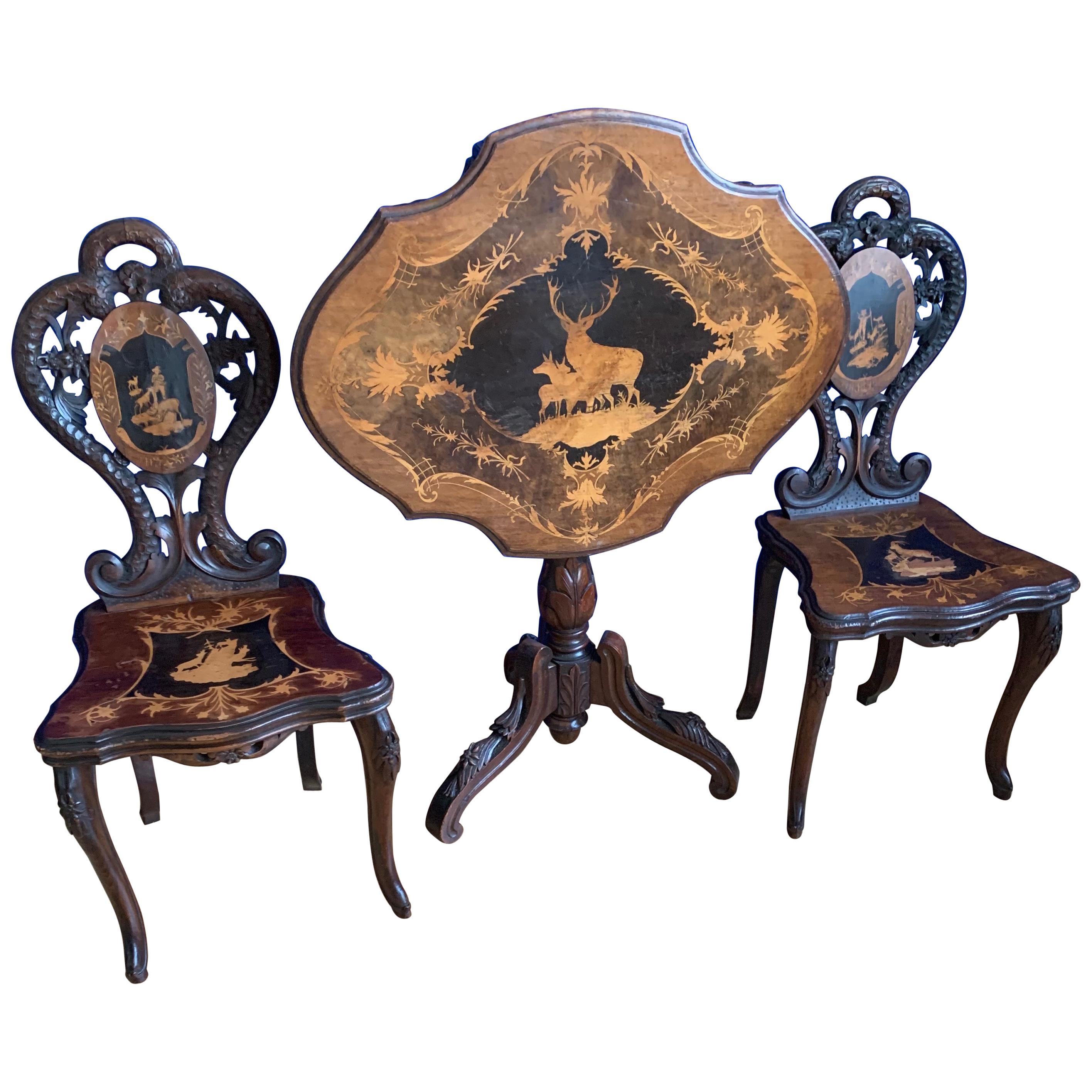 Pair of Antique Swiss Black Forest Chairs w. Matching Tilt-Top Table, Late 1800s