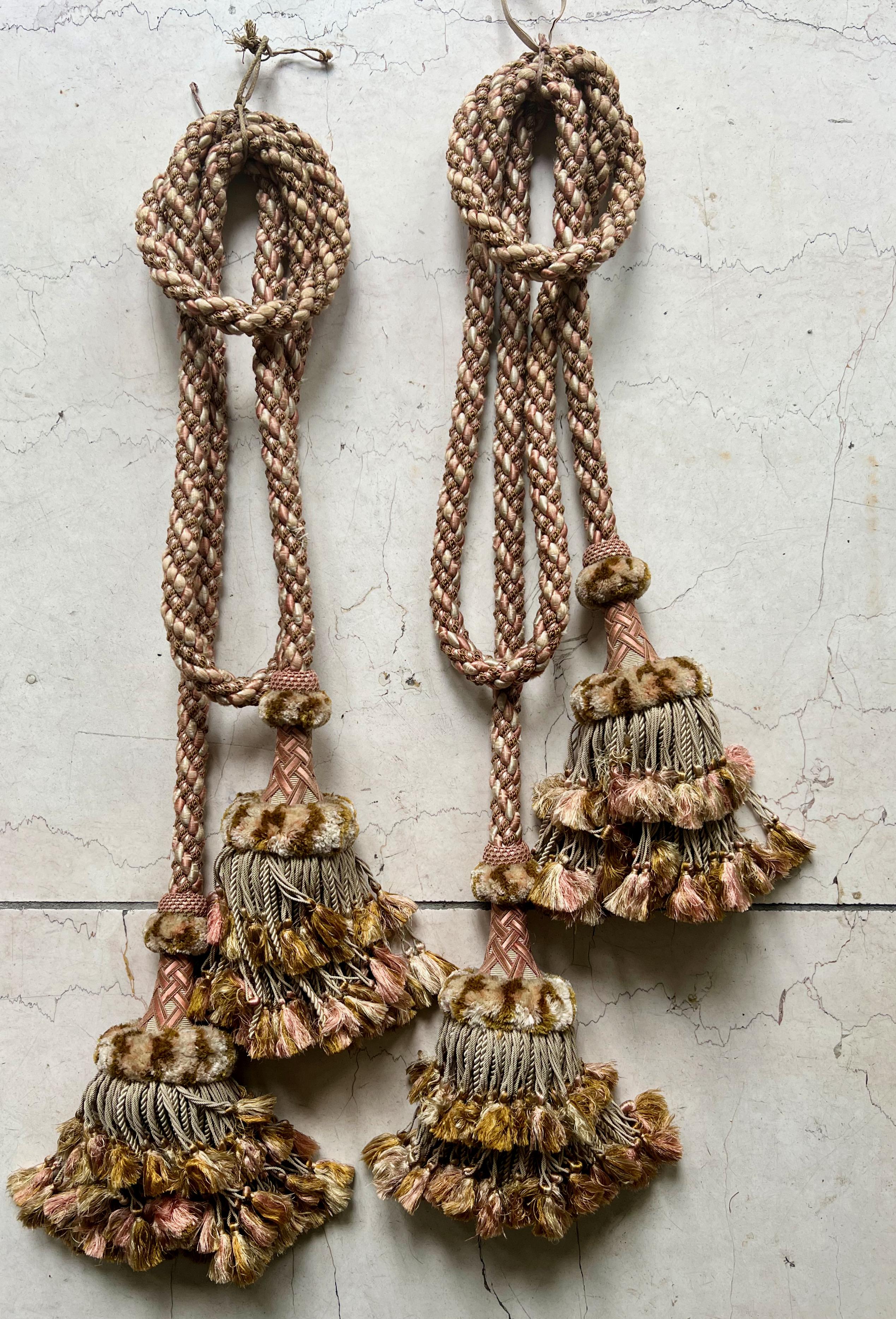 Pair of antique French passementerie curtain tiebacks / Chateau ropes and tassels
Very fine quality Impressive unusual examples, dating from 19th century.
Tassels are in very good antique condition just minimal signs of wear and age and