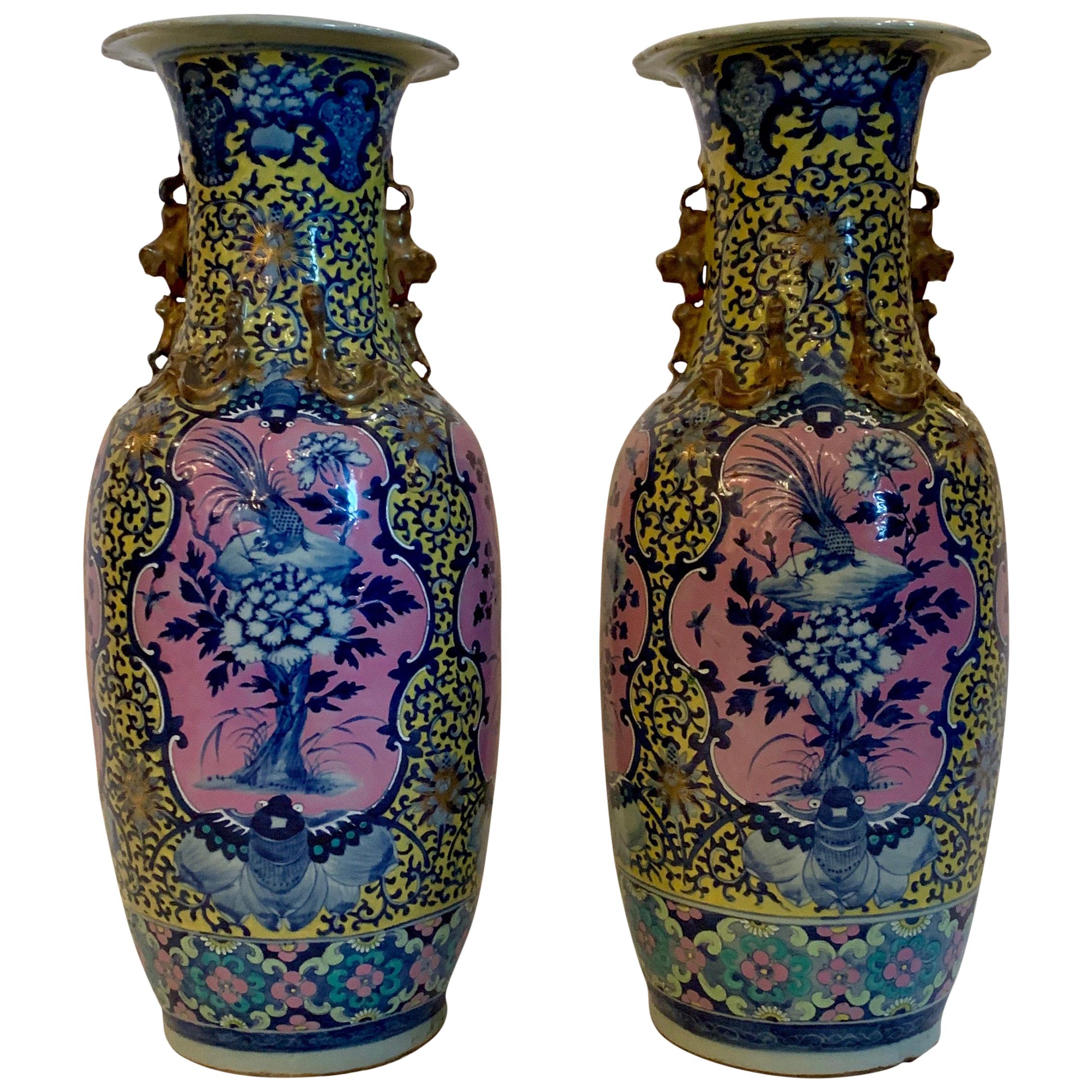 Pair of Antique Temple Urns Chinese Rare Coloring 19th Century