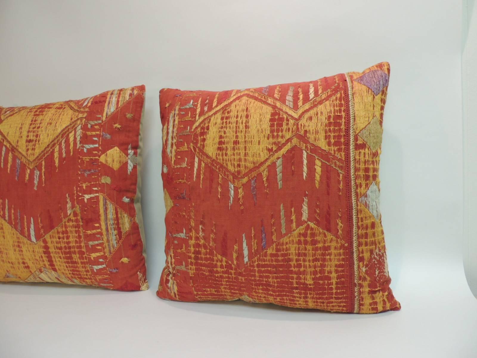 19th century embroidered linen pillows. Silk and cotton floss threads creating a tribal geometric design.
Decorative pillow handcrafted and designed in the USA. Closure by stitch (no zipper closure) with a custom-made pillow insert.
Size: 20 x 20 x
