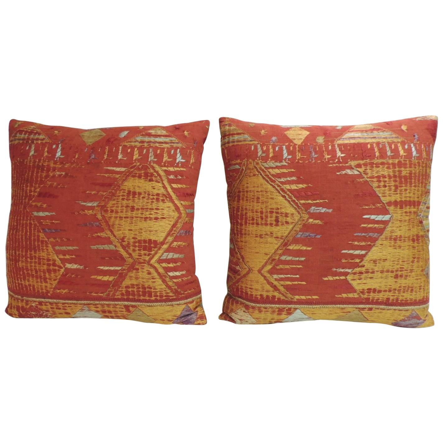Pair of Antique Textile "Phulkari" Embroidered Linen Decorative Pillows