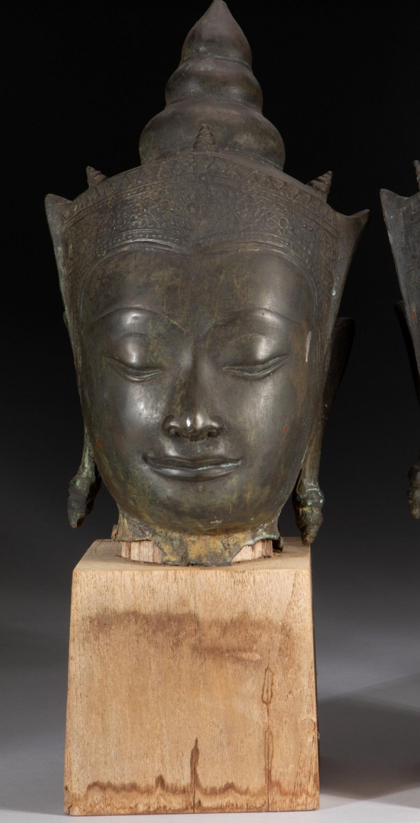 Folk Art Pair of Antique Thai Ayutthaya Period Bronze Crowned Buddha Head on Wood Stand  For Sale
