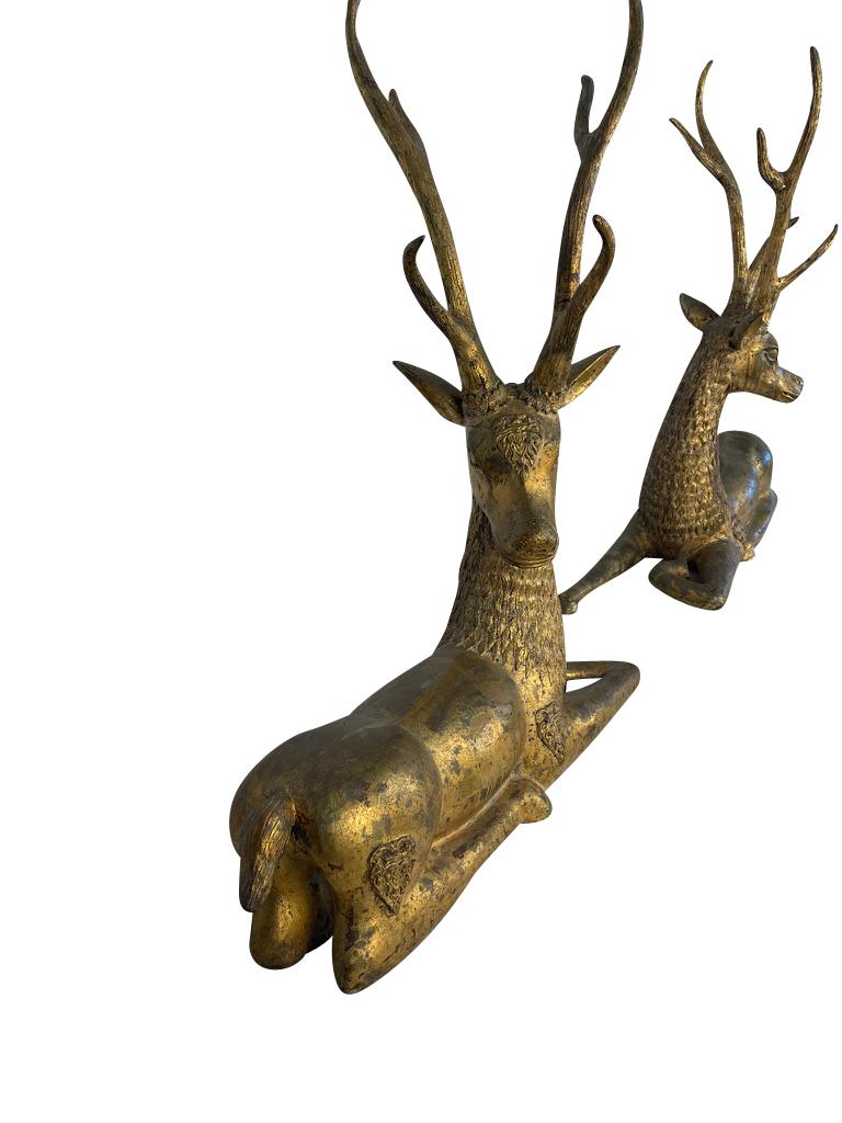 Pair of Antique Thai Gilt Bronze Buddhist Temple Deer  For Sale 7