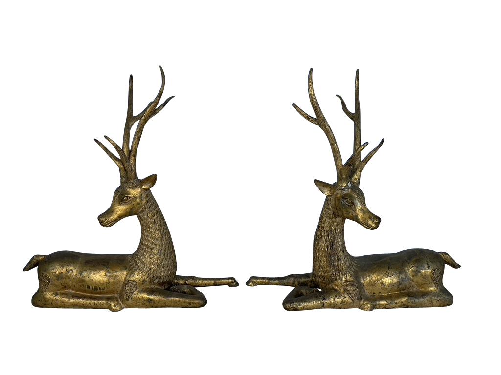 Pair of Antique Thai Gilt Bronze Buddhist Temple Deer  For Sale 12