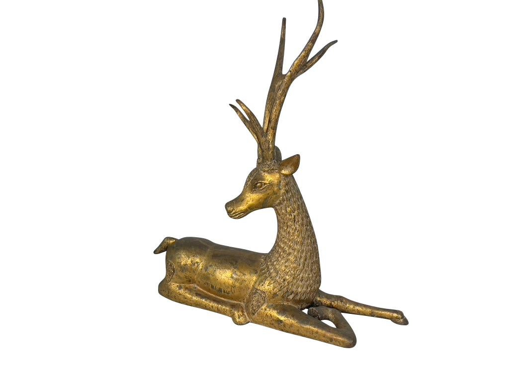 Pair of Antique Thai Gilt Bronze Buddhist Temple Deer  In Good Condition For Sale In Essex, MA