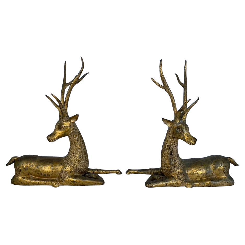 Pair of Antique Thai Gilt Bronze Buddhist Temple Deer  For Sale