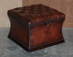 Paar antike Ritz London gestempelt übergroßen braunen Leder Ottoman Hocker