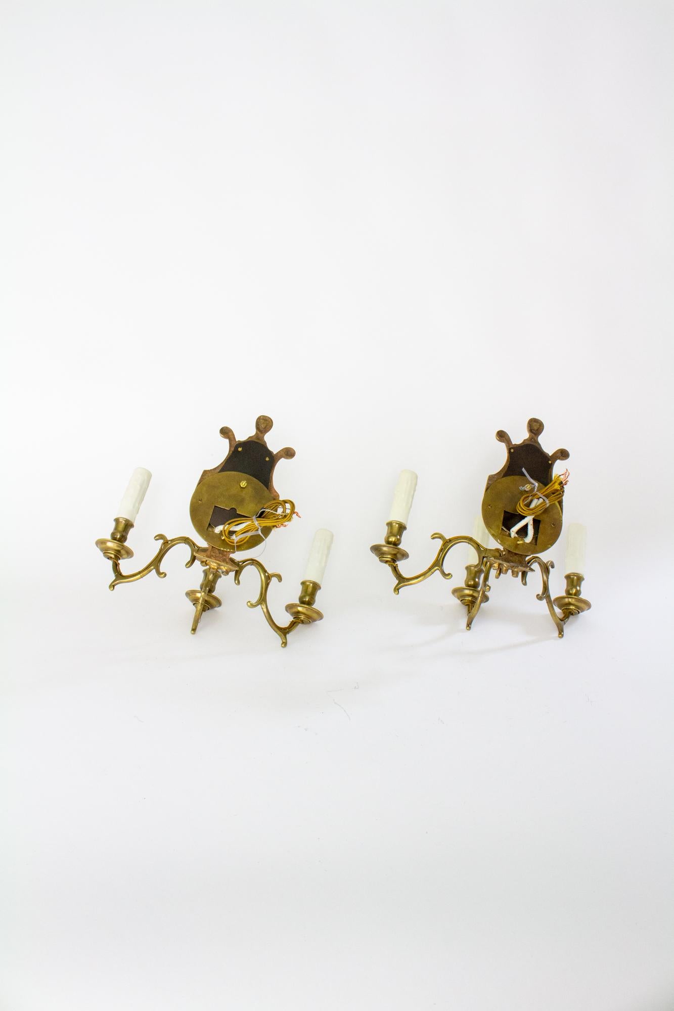 American Pair of Antique Three Arm Lyre Back Sconces For Sale