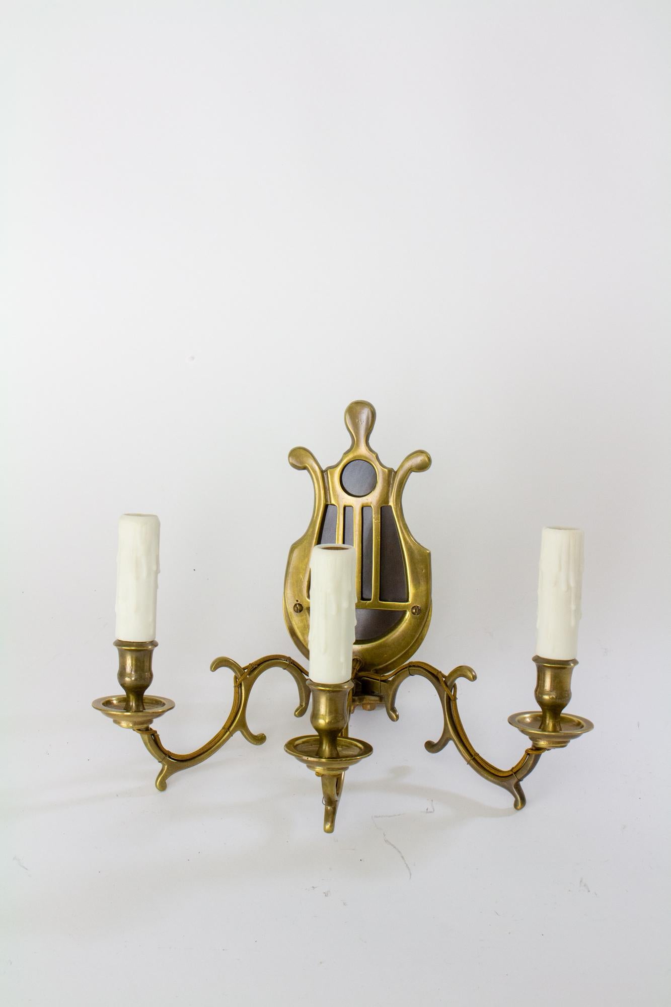 Pair of Antique Three Arm Lyre Back Sconces In Excellent Condition For Sale In Canton, MA