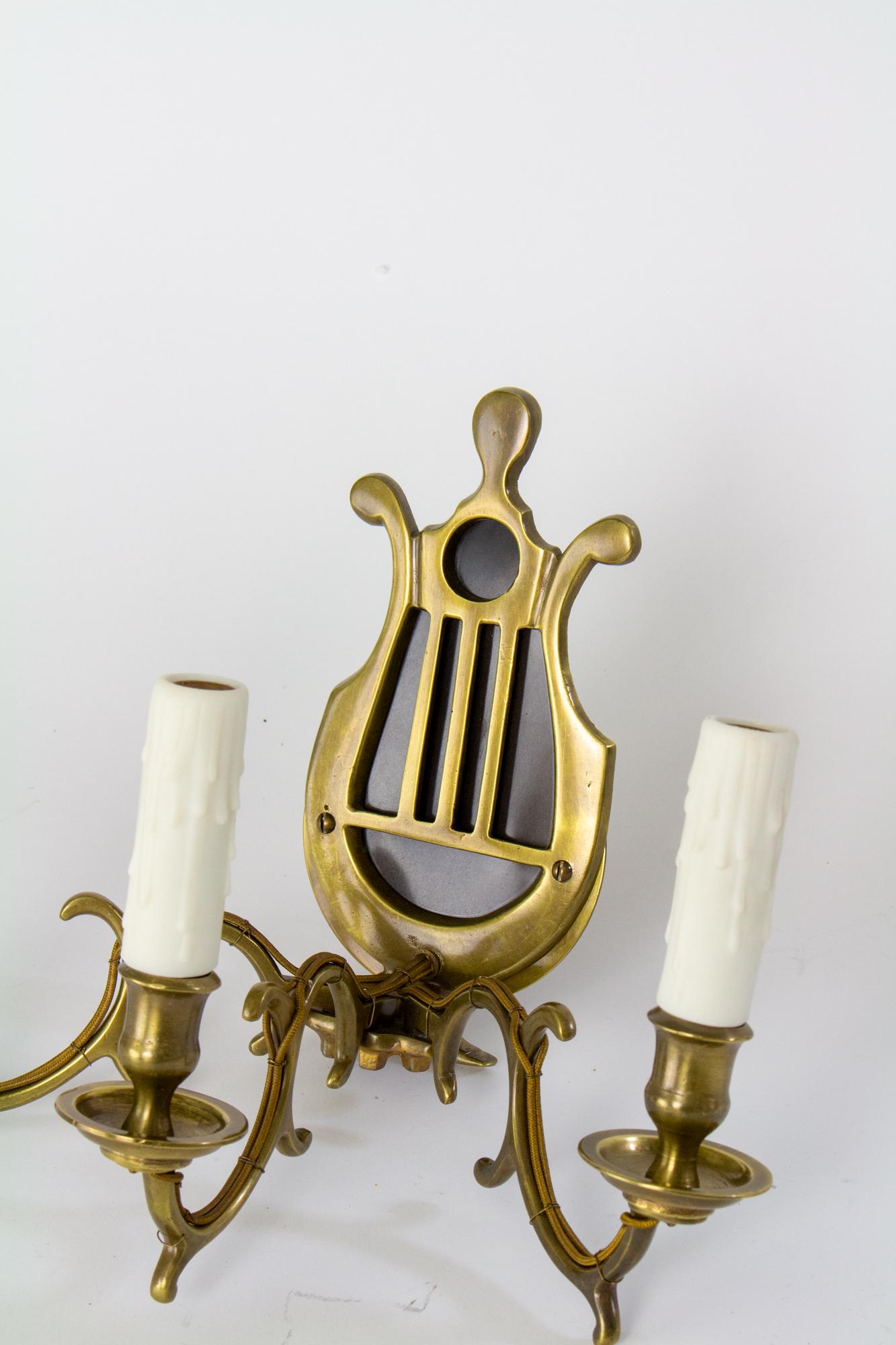 19th Century Pair of Antique Three Arm Lyre Back Sconces For Sale