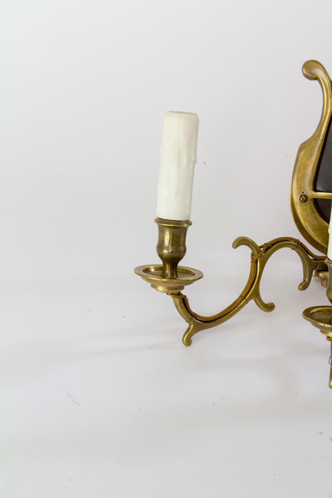 Brass Pair of Antique Three Arm Lyre Back Sconces For Sale