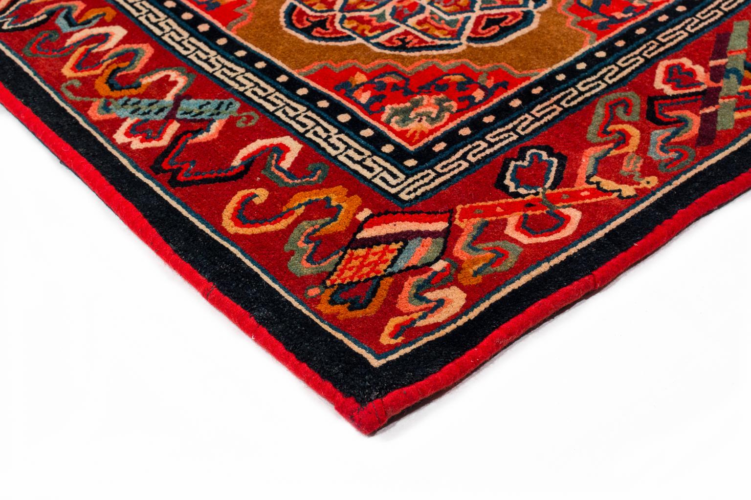 Hand-Woven Pair of Antique Tibetan Red Floral Meditation Mat Rugs 2'4'' x 2'5''