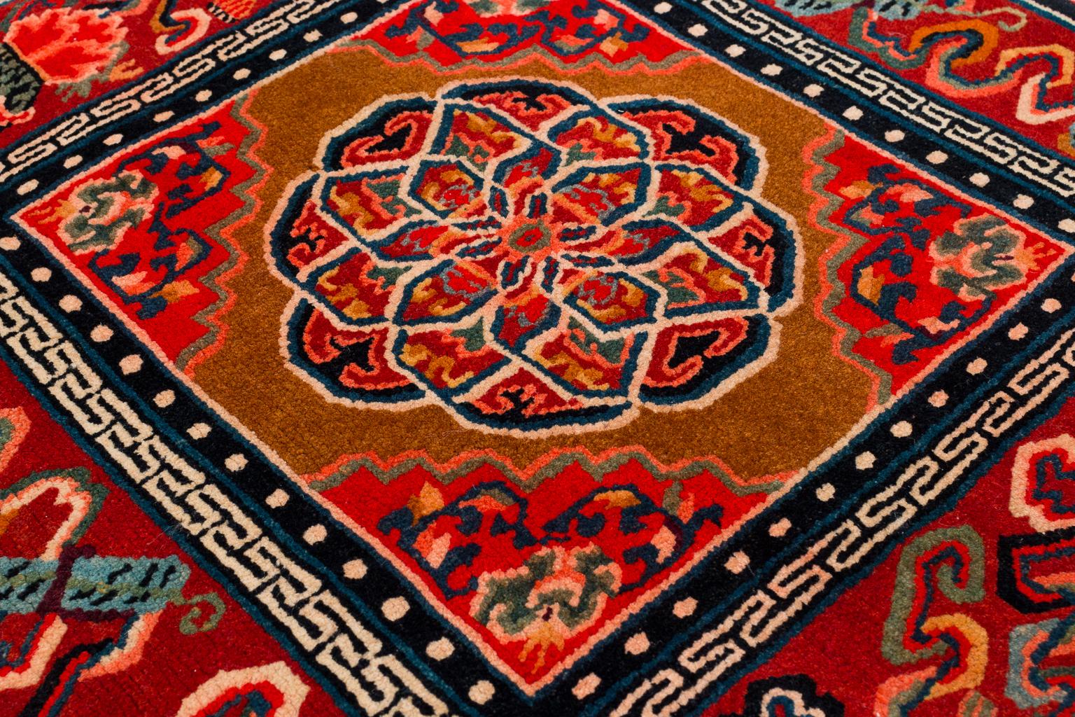 19th Century Pair of Antique Tibetan Red Floral Meditation Mat Rugs 2'4'' x 2'5''