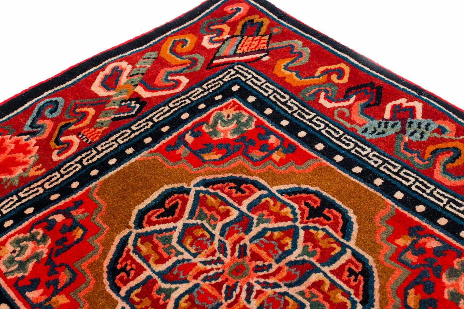 Wool Pair of Antique Tibetan Red Floral Meditation Mat Rugs 2'4'' x 2'5''