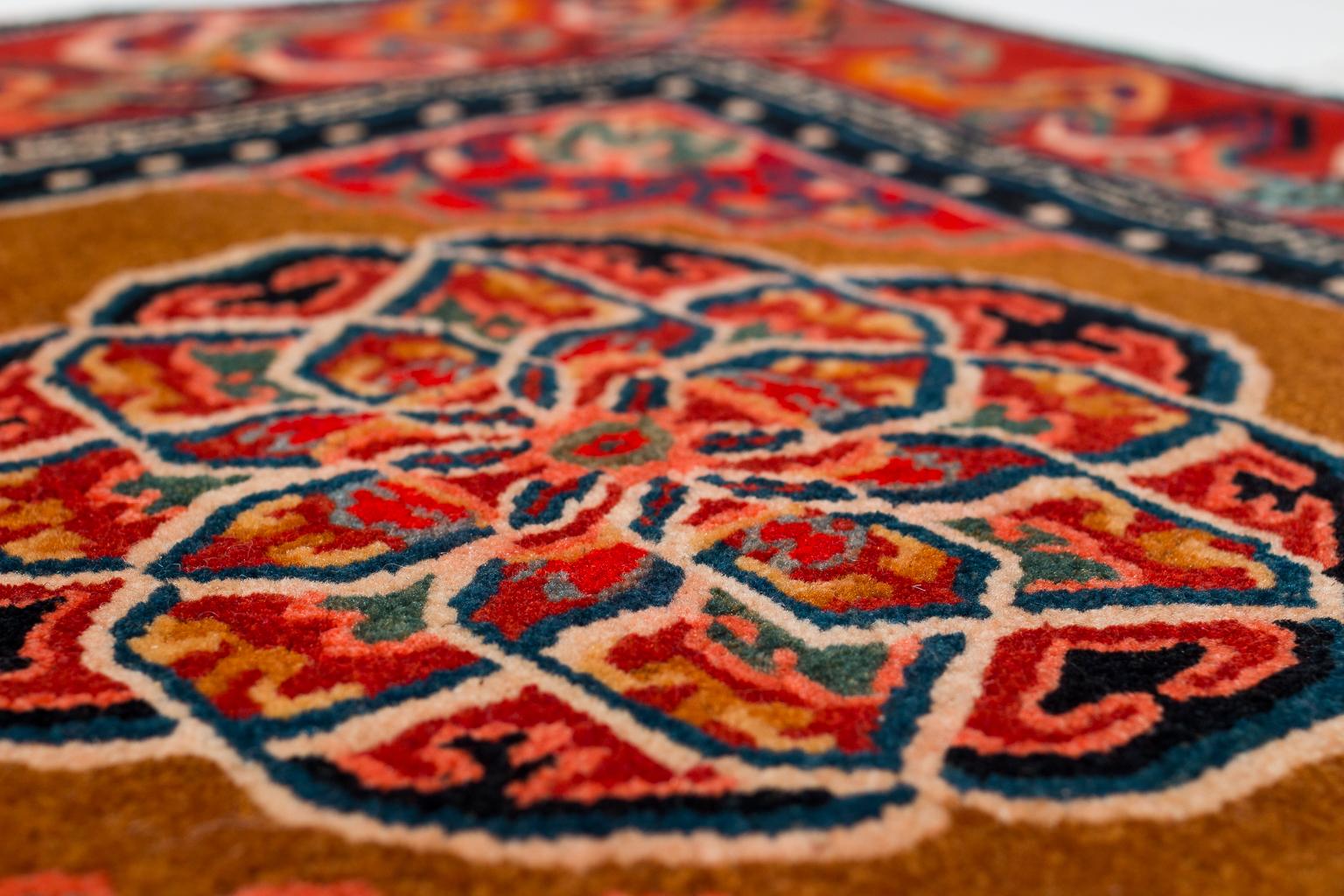 Pair of Antique Tibetan Red Floral Meditation Mat Rugs 2'4'' x 2'5'' 1
