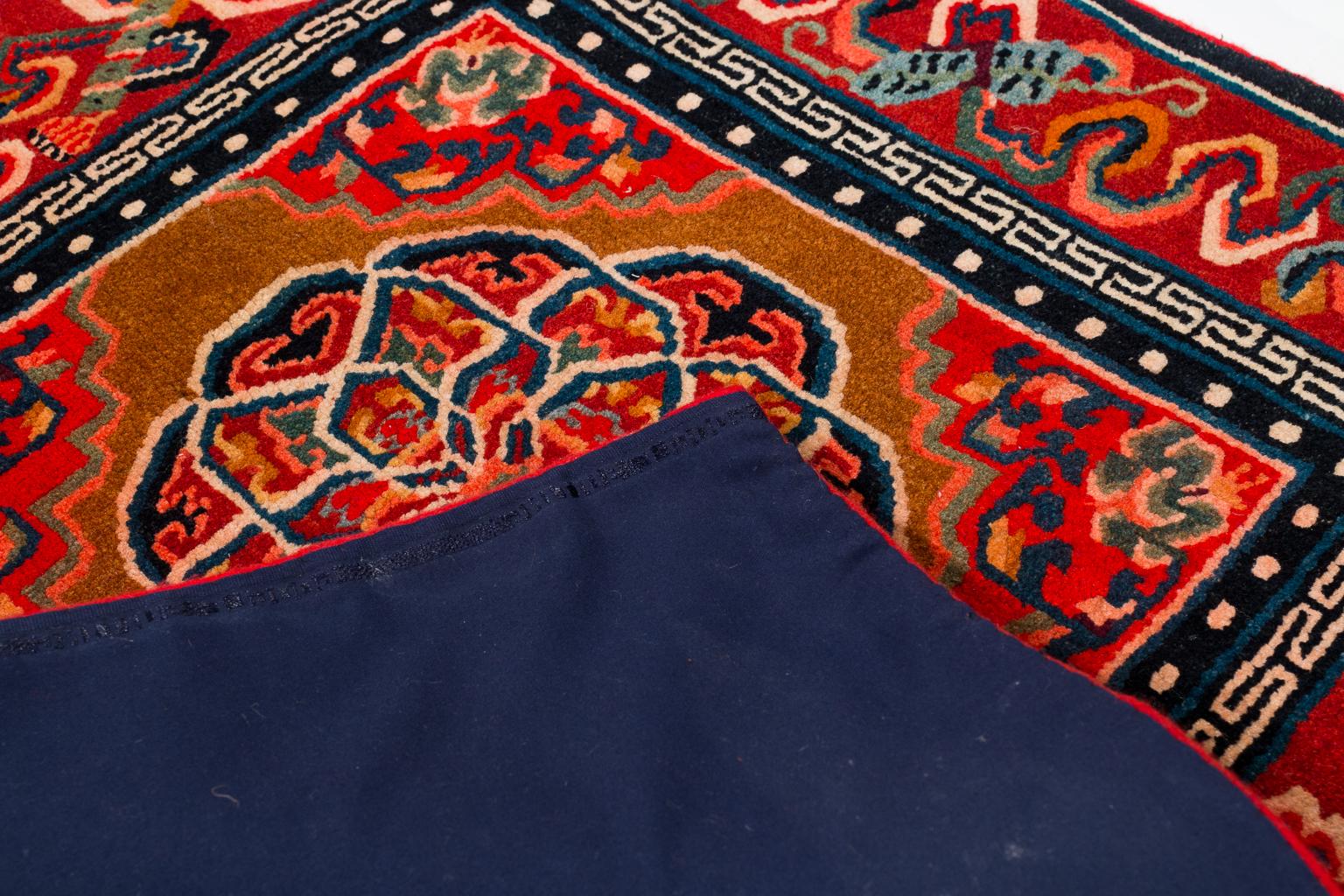Pair of Antique Tibetan Red Floral Meditation Mat Rugs 2'4'' x 2'5'' 2