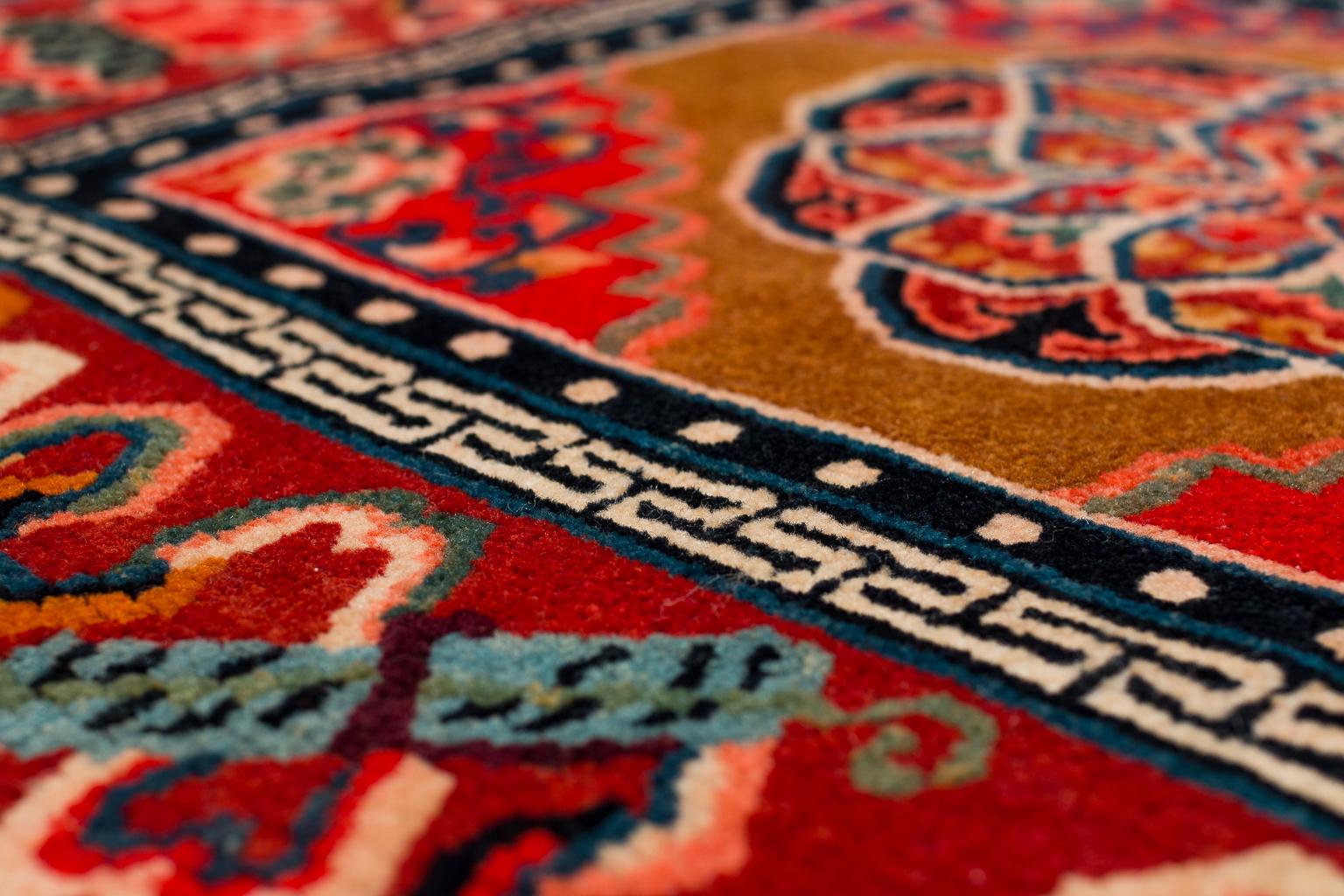 Pair of Antique Tibetan Red Floral Meditation Mat Rugs 2'4'' x 2'5'' 3