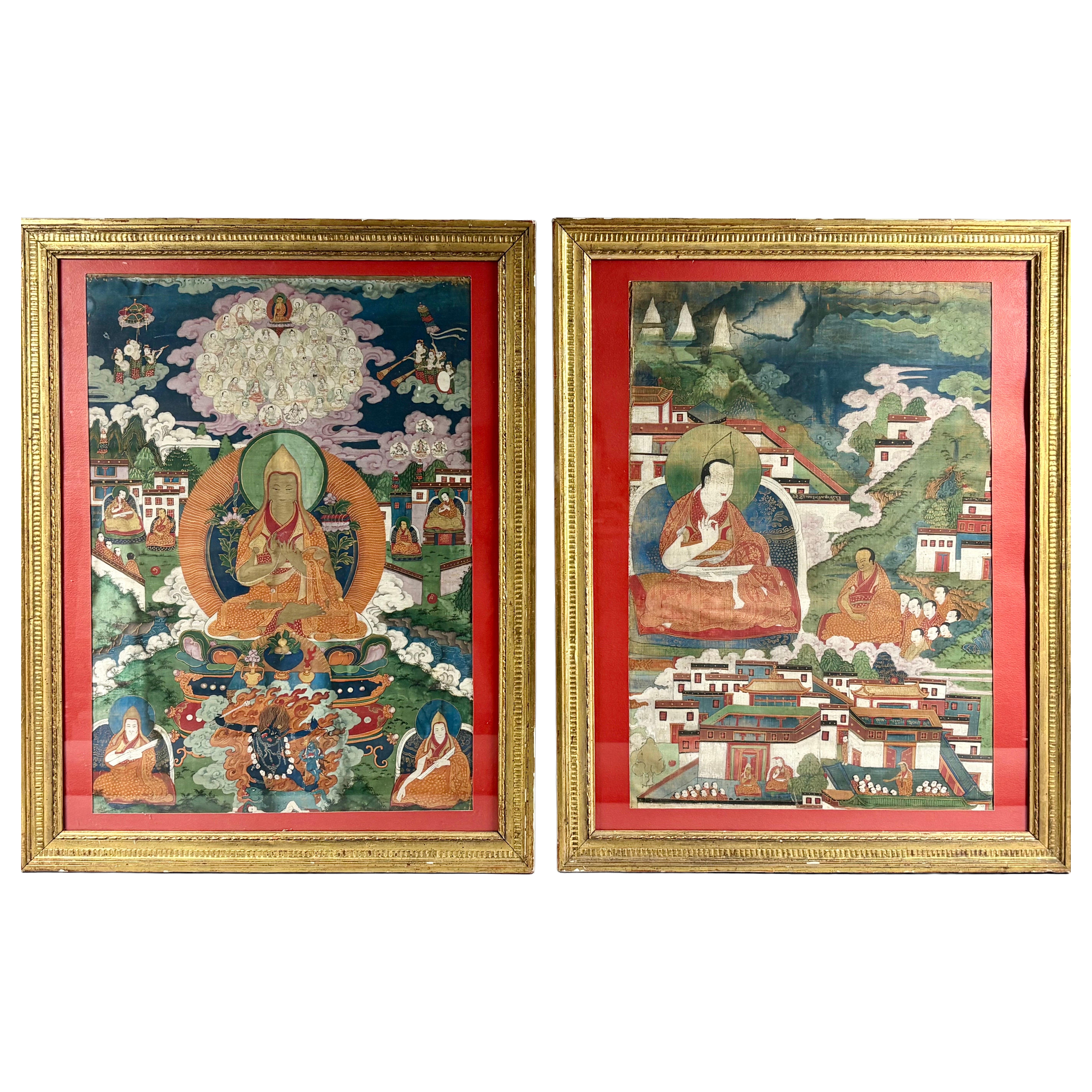 Pair of Antique Tibetan Thangkas Depicting Buddhist Masters, 19th C. or earlier