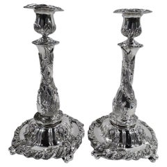 Pair of Antique Tiffany Chrysanthemum Sterling Silver Candlesticks