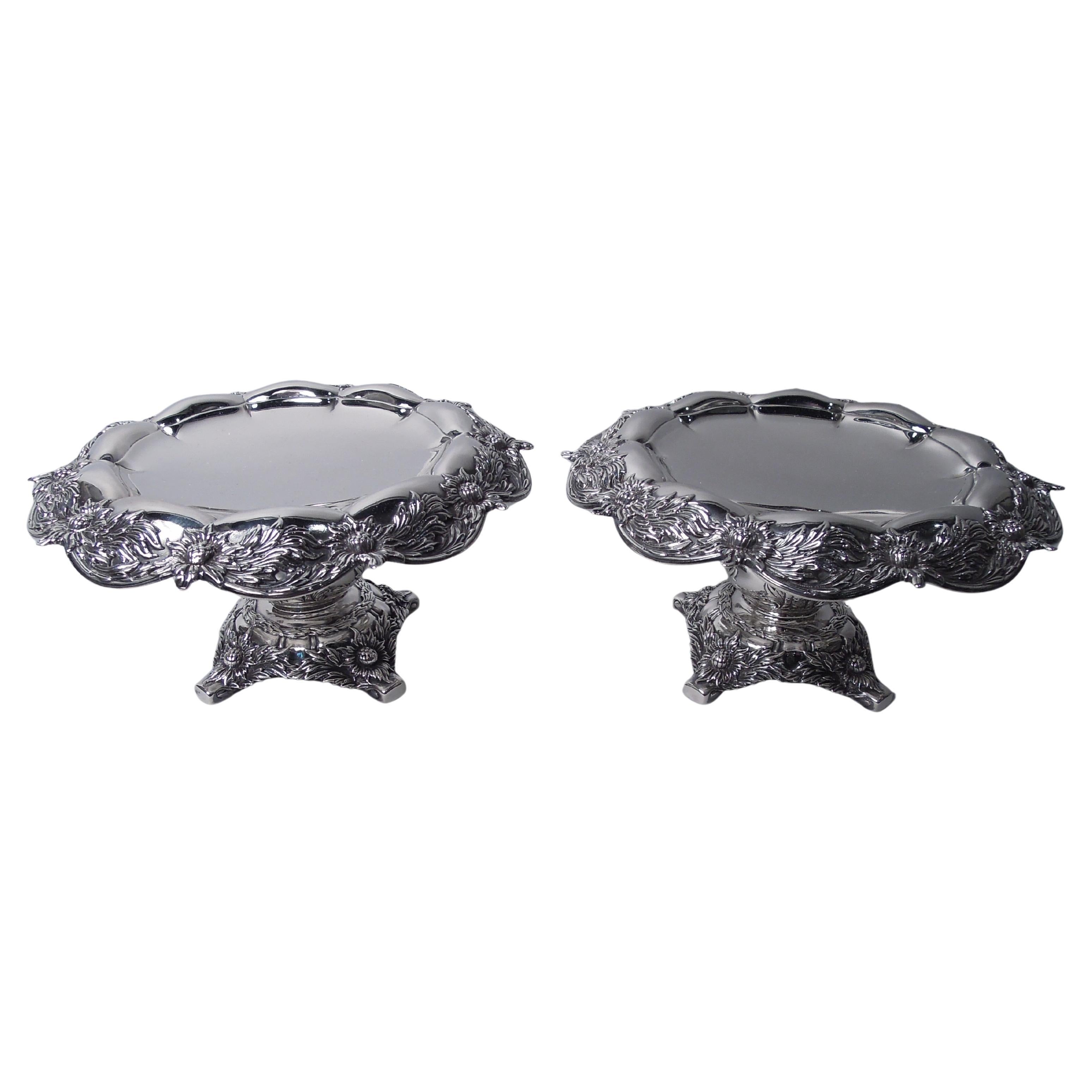 Pair of Antique Tiffany Chrysanthemum Sterling Silver Compotes