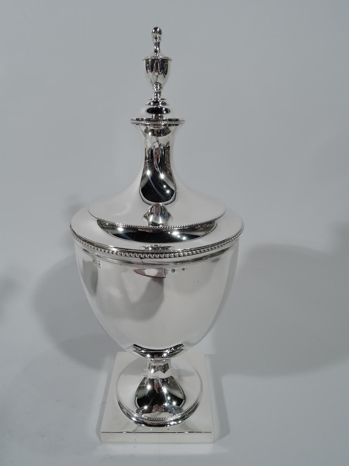 American Pair of Antique Tiffany Classical Federal Sterling Silver Covered Urns