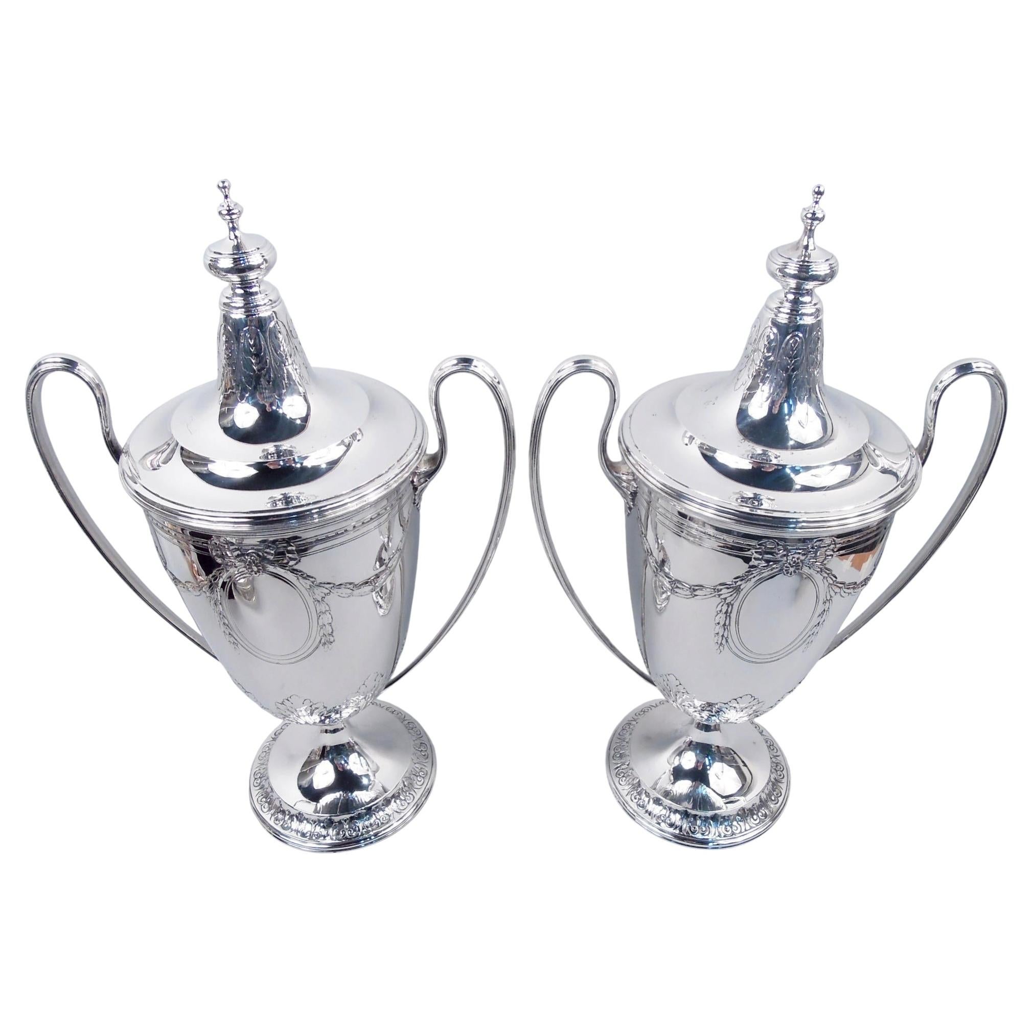 Pair of Antique Tiffany Edwardian Neoclassical 17-Inch Covered Urns For Sale