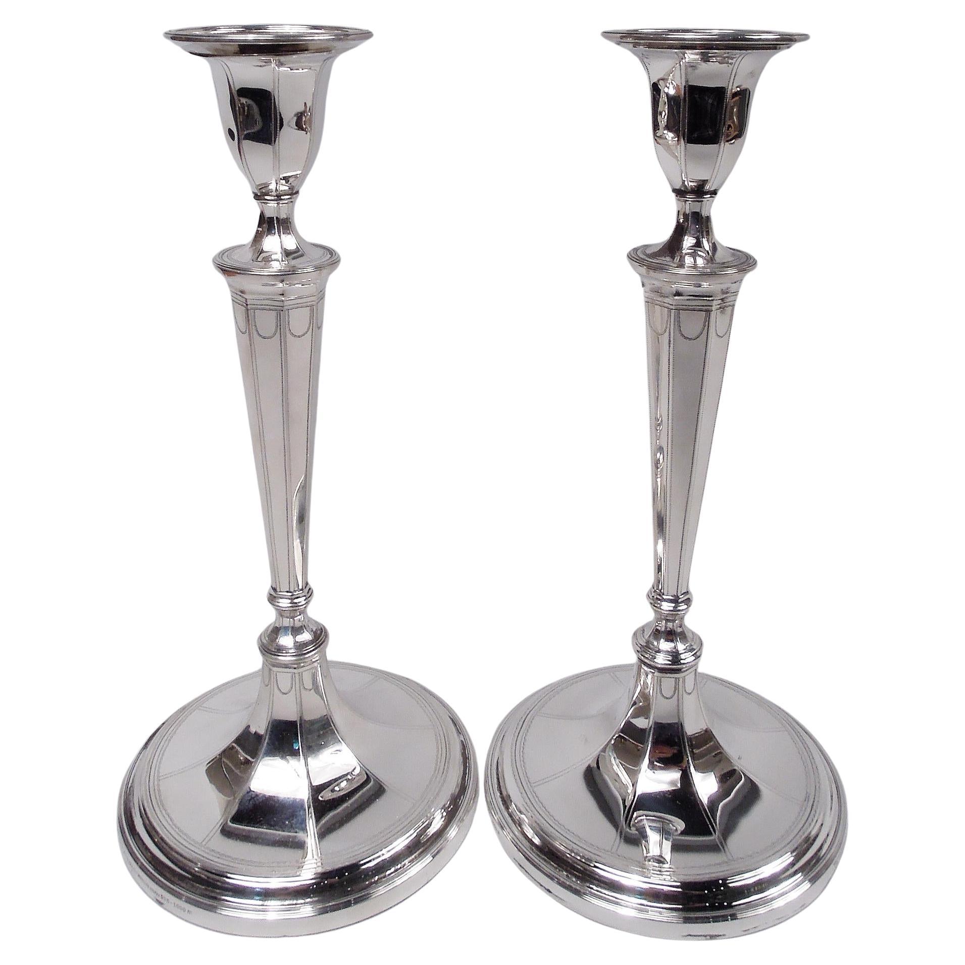 Pair of Antique Tiffany English Neoclassical Candlesticks   For Sale