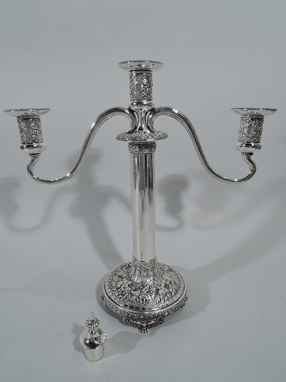 Victorian Pair of Antique Tiffany Repousse Sterling Silver Three-Light Candelabra